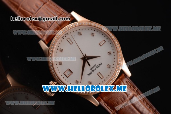 Patek Philippe Calatrava Miyota 9015 Automatic Rose Gold Case with White Dial Brown Leather Strap and Diamonds Markers Diamonds Bezel - Click Image to Close